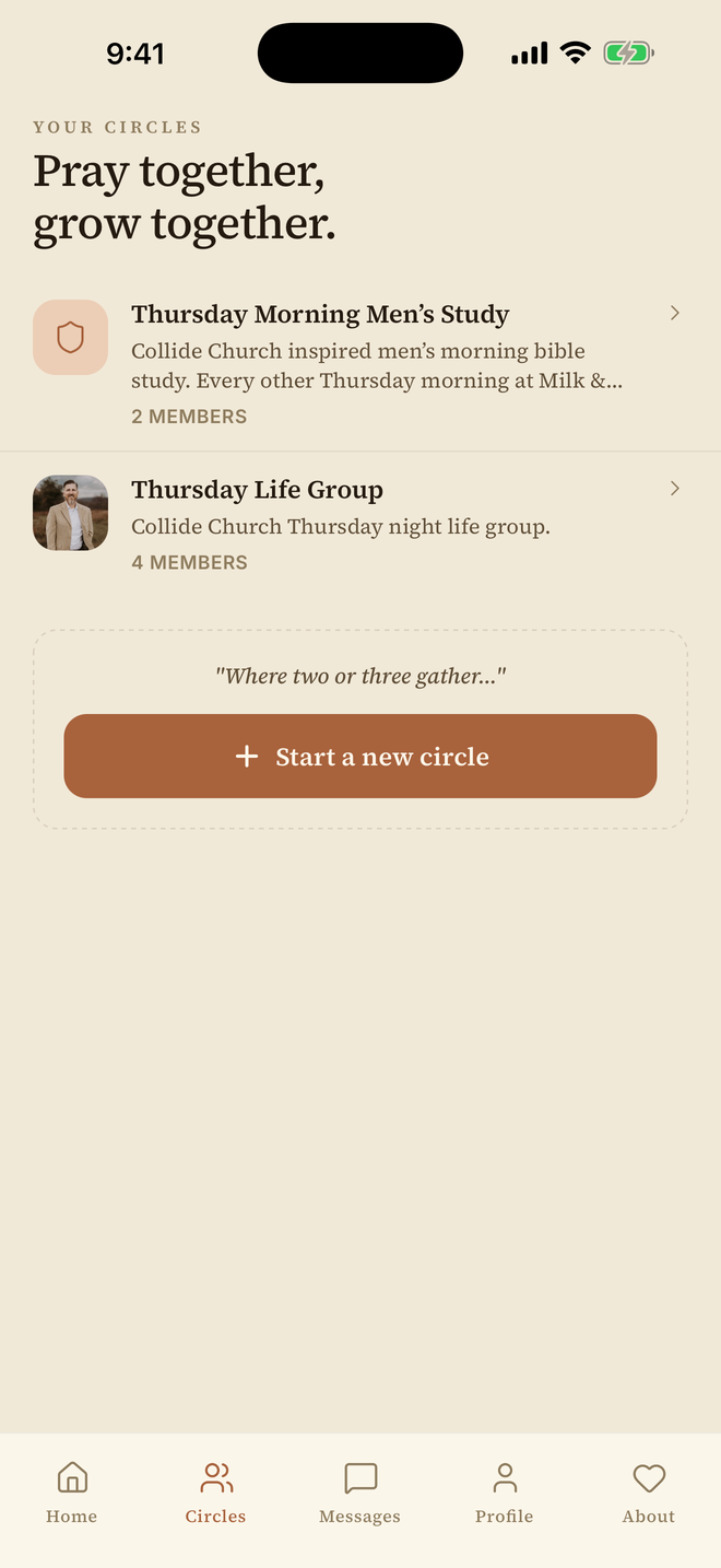 Horizon Faith’s prayer circles screen, showing groups and an option to start a new circle.